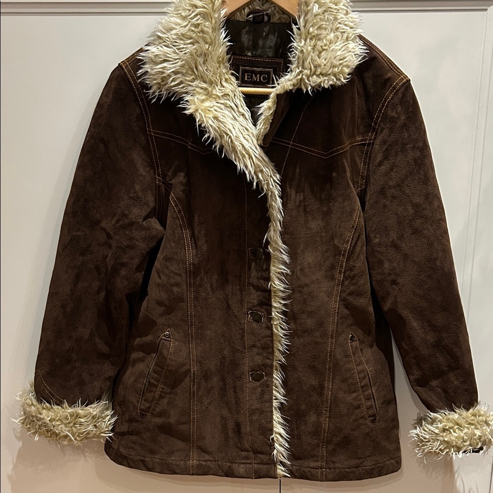 Vintage Y2K Women's Brown Leather Jacket with Faux Fur Trim, Large